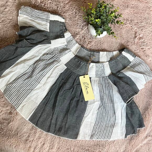 NWT Elan Blue & White Cropped Smocked Striped Off-Shoulder Top Size: Medium - Picture 2 of 15